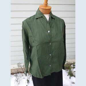 Vintage blouse: Silk, olive drab long sleeve. Loose-fit size 8 - by Ariele